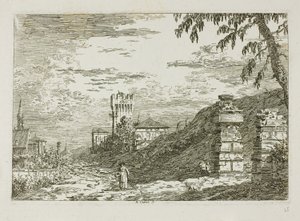 Paesaggio con torre e due colonne rovinate, da Vedute da Canaletto