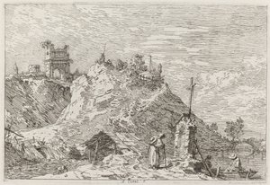 Paesaggio con il pellegrino in preghiera [in alto a sinistra], c. 1735-1746 da Canaletto