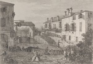 Le porte del Dolo: il bacino ovale delle chiuse a Dolo, con una chiatta ormeggiata al molo da Canaletto