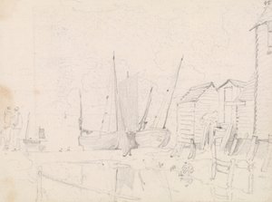 Schizzo di barche a vela arenate e cottage su palafitte, Hastings da Capt. Thomas Hastings