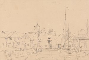 Schizzo di barche a vela ormeggiate vicino a un villaggio da Capt. Thomas Hastings