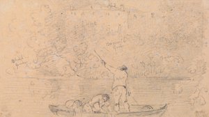 Schizzo di due uomini in una barca e una casa sulla riva da Capt. Thomas Hastings
