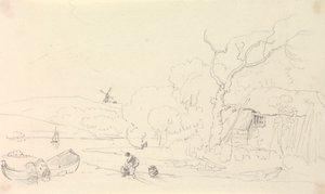 Schizzo di un cottage vicino al fiume con un mulino a vento in lontananza da Capt. Thomas Hastings