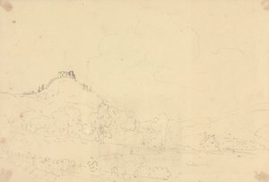 Schizzo di un castello sulla collina con case sotto da Capt. Thomas Hastings