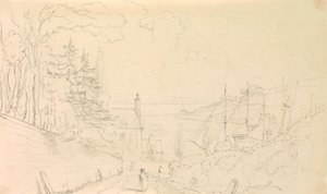 Schizzo di una strada che scende verso la riva con navi attraccate da Capt. Thomas Hastings