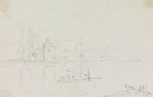 Schizzo di una Barca a Vela e di un Edificio sulla Riva da Capt. Thomas Hastings