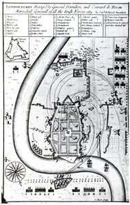 Londonderry assediata dal generale Hamilton e Conrad de Rosen, inciso da J. Sturt, 1689