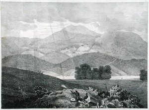 Vista di parte del lago e dei cottage a Ottacamund, Montagne di Neelgherry, tavola 3 da Vista delle Neilgherries, o Montagne Blu di Coimbetoor, India meridionale del Capitano McCurdy, pubblicato nel 1830