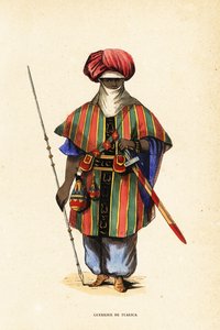 Nobile guerriero Tuareg di Agadez, Niger, in tagelmust (turbante e velo), taktkat (camicia) e akarbey (pantaloni) da Captain George Francis (after) Lyon