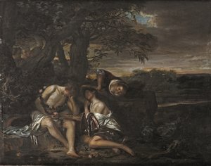 Una coppia dormiente, scoperta da tre donne in un paesaggio arcadico da Carel De Moor II (attr. to)
