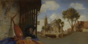 Veduta di Delft con bancarella di un venditore di strumenti musicali