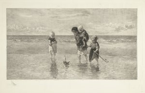 Quattro bambini giocano con una barchetta sulla spiaggia in acque poco profonde da Carel Lodewijk Dake