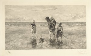 Quattro bambini giocano con una barchetta sulla spiaggia in acque basse (serie: Bambini del mare) da Carel Lodewijk Dake