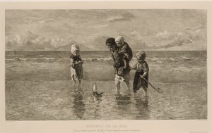 Quattro bambini giocano con una barchetta giocattolo sulla spiaggia in acque poco profonde (Bambini del mare) da Carel Lodewijk Dake