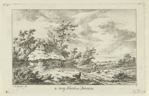 Uomo con rastrello vicino a un fienile (Te hoog Haale in Drenthe, titolo sull