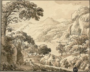 Lago di montagna con due figure da Carl August Lebschee
