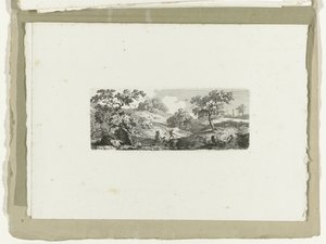 Viaggiatori presso un ruscello in un paesaggio collinare