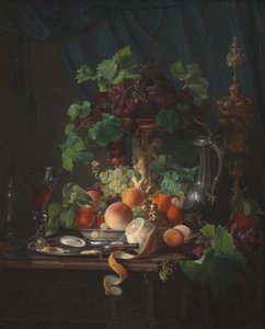Natura morta con bicchiere di vino, ostriche, limone e altri frutti da Carl Balsgaard