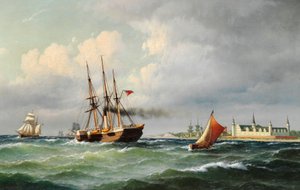 Danese: Paesaggio marino al largo di Kronborg con numerose navi e una barca pilota Paesaggio marino al largo di Kronborg con numerose navi e una barca pilota da Carl Bille