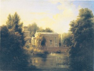 vista sulla casa giardino di Charlottenhof (lato acqua)