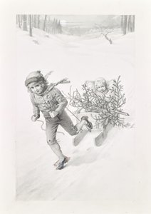 Due bambini in viaggio in un paesaggio invernale