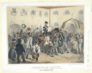 Proclamazione della Costituzione nel luogo di incontro della Guardia Nazionale nella Freihaus (Casa Libera) a Wieden il 15 marzo 1848 da Carl Goebel