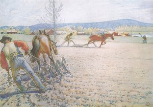 I due uomini con i loro erpici lavoravano metodicamente avanti e indietro da Carl Larsson
