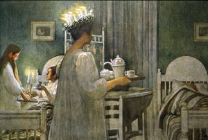 Ragazza con corona di candele nei capelli durante il giorno di Santa Lucia, Illustrazione 1916