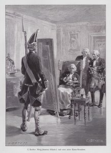 Re Federico Guglielmo I di Prussia che dipinge un granatiere della sua Guardia Gigante di Potsdam (incisione) da Carl Ludwig Friedrich (after) Becker
