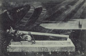 Un carro armato alleato vittorioso della Prima Guerra Mondiale passa accanto alla tomba di un soldato di cavalleria francese della Guerra Franco-Prussiana da Carl Ludwig Friedrich Becker