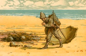Robinson Crusoe vede la spiaggia disseminata di teschi e ossa umane