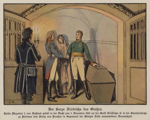 Lo zar Alessandro I di Russia visita la tomba di Federico il Grande a Potsdam con il re Federico Guglielmo III e la regina Louise di Prussia e giura la sua incrollabile amicizia, 5 novembre 1805