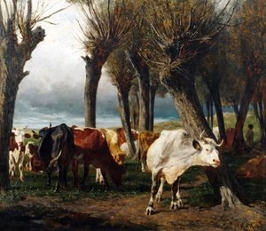 Tedesco: Mandria di bovini sotto salici impollinati.
