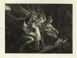 La Sacra Famiglia occupata a casa: Giuseppe insegna al ragazzo Gesù a leggere. Maria nutre i piccioni. Elisabetta entra nella stanza con Giovanni da Carl Russ