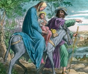 Fuga in Egitto. Illustrazione biblica (non datata) del pittore tedesco Julius Schnorr von Carolsfeld (1794 - 1872). Data immagine: circa 1900. Archivio Carl Simon da Carl Simon