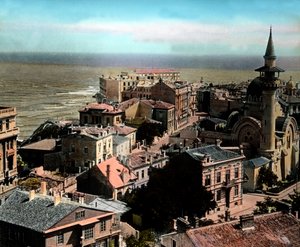 Romania, città di Costanza, uno dei più grandi porti sul Mar Nero. Vista sulla Grande Moschea Mahmudiye, circa 1920 da Carl Simon