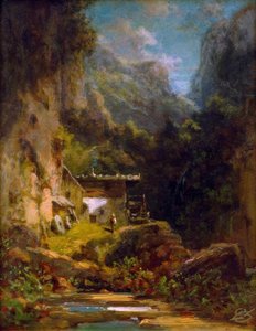 Mulino in una gola boscosa con una figura da Carl Spitzweg