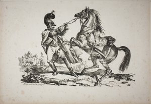 Corazziere a piedi che trattiene il suo cavallo impennato
