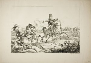 Ussaro che scarica la sua pistola su un dragone tedesco da Carle Vernet