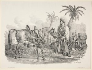 Arabo seduto che tiene le briglie di un cavallo arabo da Carle Vernet