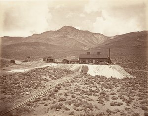 Edifici del Tunnel di Sutro, 1875, stampato ca. 1876 da Carleton Emmons Watkins