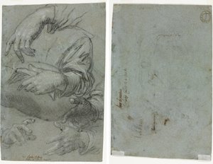 Studi di mani (recto); Schizzo della testa di un bambino (verso)