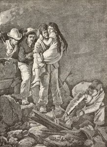 Una ragazza viene salvata dopo il crollo della sua casa, terremoto di Casamicciola, Italia, incisione da un disegno di E Sanesi e un dipinto di Carlo Ademollo (1824-1911), da L