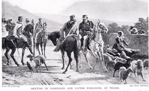 Incontro di Garibaldi e Vittorio Emanuele a Teano, illustrazione da 