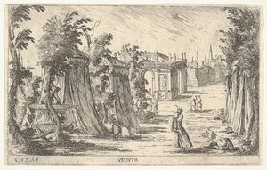 Vista con un uomo con turbante e un leone a destra, tende e architettura classica..., 1680-1710 da Carlo Antonio Buffagnotti