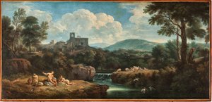Paesaggio con fiume, lavoratori vestiti in abiti antichi e un villaggio da Carlo Antonio Tavella