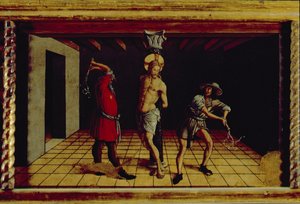 La flagellazione di Cristo, pannello centrale destro della predella del polittico di San Silvestro, 1468 da Carlo Crivelli