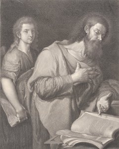 San Matteo, in piedi davanti a un libro a destra con una mano sul petto, un altro uomo be..., 1750-84 da Carlo Faucci