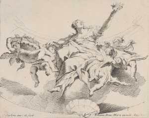 Potere, rappresentato da una donna seduta sulle nuvole che tiene una corona e circondata da putti da Carlo Innocenzo Carloni