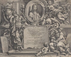 Frontespizio con ritratto ovale di Raffaello, con tre figure allegoriche delle Arti, 1675 da Carlo Maratti